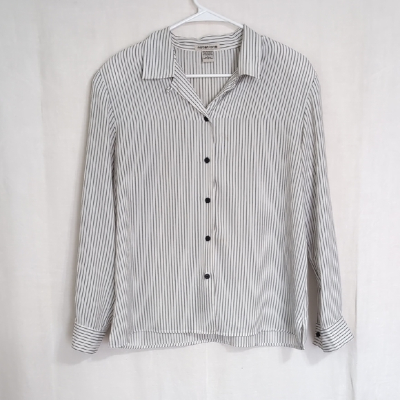 notations Black White Striped Long SLeeve Button Front Shoulder Pads Size Large - Picture 1 of 6